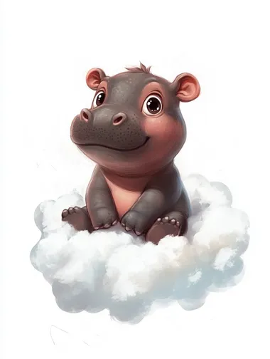 a baby pygmy hippo by the name boo deng, sit on cloud, kawai style, white background.