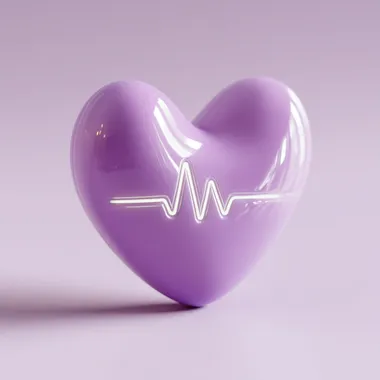 A 3D cute purple heart with an white electrocardiogram (ECG) line going through it, in a clipart style on a light purple background.