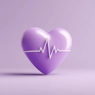 A 3D cute purple heart with an white electrocardiogram (ECG) line going through it, in a clipart style on a light purple background.