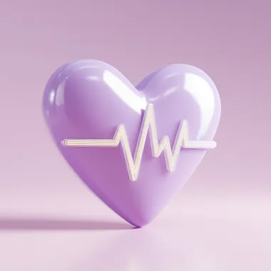 A 3D cute purple heart with an white electrocardiogram (ECG) line going through it, in a clipart style on a light purple background.