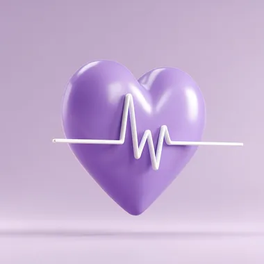 A 3D cute purple heart with an white electrocardiogram (ECG) line going through it, in a clipart style on a light purple background.