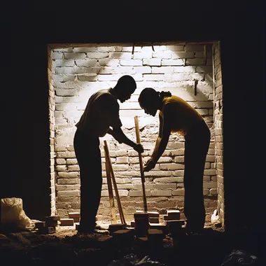 create a realistic, true to life image of bricks being placed by a silhouette of an African American male and female couple to build a foundation Kodak portra 400