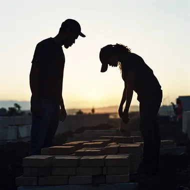 create a realistic, true to life image of bricks being placed by a silhouette of an African American male and female couple to build a foundation Kodak portra 400