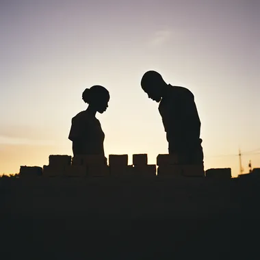 create a realistic, true to life image of bricks being placed by a silhouette of an African American male and female couple to build a foundation Kodak portra 400