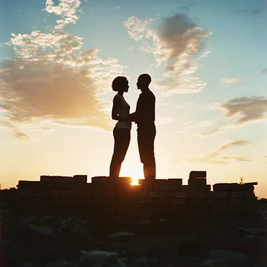 create a realistic, true to life image of bricks being placed by a silhouette of an African American male and female couple to build a foundation Kodak portra 400