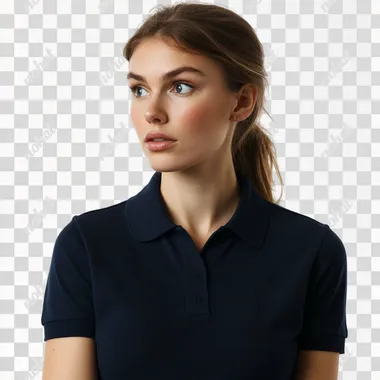 A saleswoman in a dark blue polo shirt against a white background with a slightly surprised look, looking to the left.