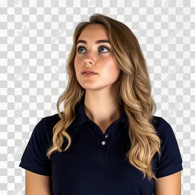 A saleswoman in a dark blue polo shirt against a white background with a slightly surprised look, looking to the left.