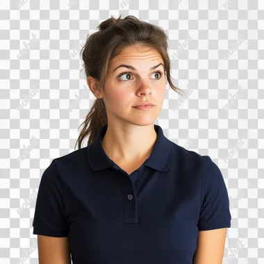 A saleswoman in a dark blue polo shirt against a white background with a slightly surprised look, looking to the left.