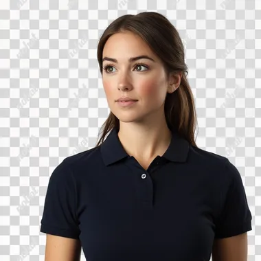 A saleswoman in a dark blue polo shirt against a white background with a slightly surprised look, looking to the left.