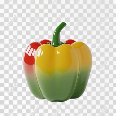 A single, realistic bell pepper with a smooth, glossy surface, vibrant red, green, or yellow color, and a slightly curved, plump shape. The bell pepper has a small green stem attached at the top. It is isolated on a pure white background, well-lit, with no shadows or distractions. The design is simple and clear, suitable for an educational pictogram, with a slightly soft and friendly look (kawaii-inspired but without facial features).