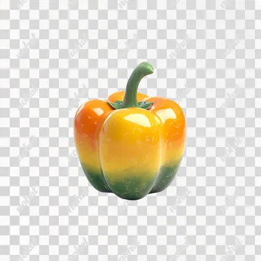 A single, realistic bell pepper with a smooth, glossy surface, vibrant red, green, or yellow color, and a slightly curved, plump shape. The bell pepper has a small green stem attached at the top. It is isolated on a pure white background, well-lit, with no shadows or distractions. The design is simple and clear, suitable for an educational pictogram, with a slightly soft and friendly look (kawaii-inspired but without facial features).