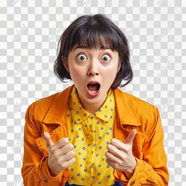 hyper realistic image of one singaporean chinese female, shot from the top down with a wide angle lens for the dramatic effect, the female looks very excited, with big eyes showing surprise. She is wearing her hair in a short bob that is styled neatly without any flyaway hair, she is wearing a blouse yellow blouse with white polka dots, layered on top is a bright orange bolero jacket and blue skinny pants. Her right hand is holding up the mobile phone screen towards the camera so the phone appears extremely large in the image due to perspective from the wide angle lens. The mobile phone screen is blank. The background for the image is completely white like it was shot in front of a white backdrop. The image must show her entire body. The image should look like it was shot on a Sony a7 II camera.
