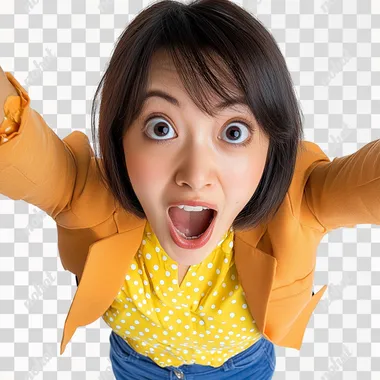 hyper realistic image of one singaporean chinese female, shot from the top down with a wide angle lens for the dramatic effect, the female looks very excited, with big eyes showing surprise. She is wearing her hair in a short bob that is styled neatly without any flyaway hair, she is wearing a blouse yellow blouse with white polka dots, layered on top is a bright orange bolero jacket and blue skinny pants. Her right hand is holding up the mobile phone screen towards the camera so the phone appears extremely large in the image due to perspective from the wide angle lens. The mobile phone screen is blank. The background for the image is completely white like it was shot in front of a white backdrop. The image must show her entire body. The image should look like it was shot on a Sony a7 II camera.