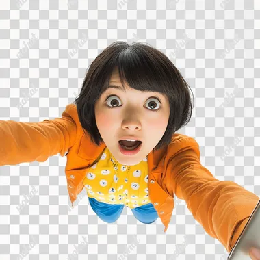 hyper realistic image of one singaporean chinese female, shot from the top down with a wide angle lens for the dramatic effect, the female looks very excited, with big eyes showing surprise. She is wearing her hair in a short bob that is styled neatly without any flyaway hair, she is wearing a blouse yellow blouse with white polka dots, layered on top is a bright orange bolero jacket and blue skinny pants. Her right hand is holding up the mobile phone screen towards the camera so the phone appears extremely large in the image due to perspective from the wide angle lens. The mobile phone screen is blank. The background for the image is completely white like it was shot in front of a white backdrop. The image must show her entire body. The image should look like it was shot on a Sony a7 II camera.