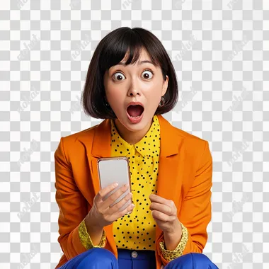 hyper realistic image of one singaporean chinese female, shot from the top down with a wide angle lens for the dramatic effect, the female looks very excited, with big eyes showing surprise. She is wearing her hair in a short bob that is styled neatly without any flyaway hair, she is wearing a blouse yellow blouse with white polka dots, layered on top is a bright orange bolero jacket and blue skinny pants. Her right hand is holding up the mobile phone screen towards the camera so the phone appears extremely large in the image due to perspective from the wide angle lens. The mobile phone screen is blank. The background for the image is completely white like it was shot in front of a white backdrop. The image must show her entire body. The image should look like it was shot on a Sony a7 II camera.
