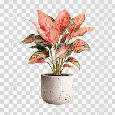watercolor realistic potted coral Chinese Evergreen plant on white background