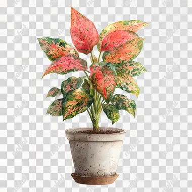 watercolor realistic potted coral Chinese Evergreen plant on white background
