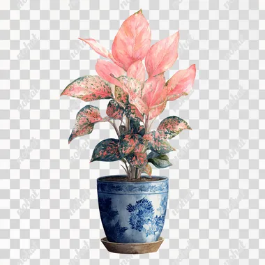 watercolor realistic potted coral Chinese Evergreen plant on white background
