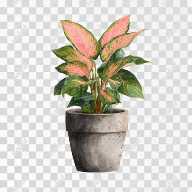 watercolor realistic potted coral Chinese Evergreen plant on white background