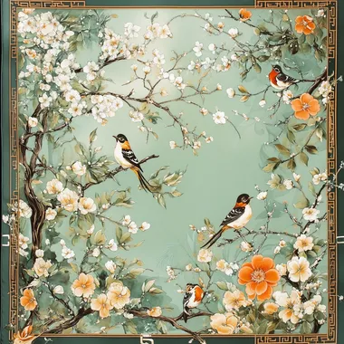 Hermes style silk scarf design, graphic design, Korean style, antique jade inlaid with floral and bird motifs