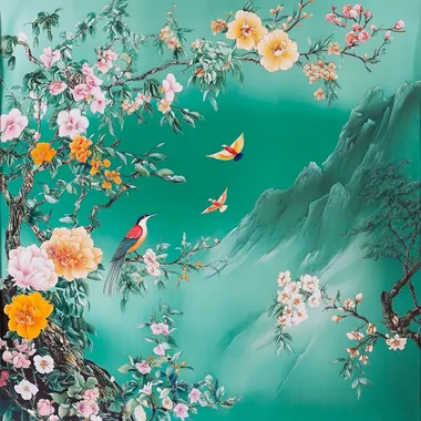 Hermes style silk scarf design, graphic design, Korean style, antique jade inlaid with floral and bird motifs