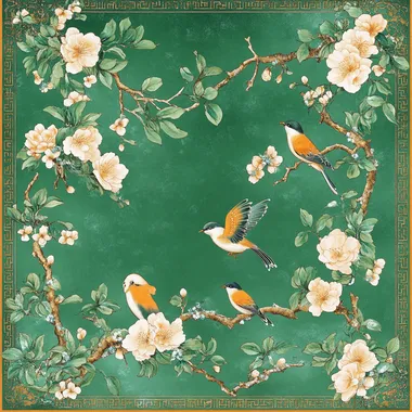 Hermes style silk scarf design, graphic design, Korean style, antique jade inlaid with floral and bird motifs