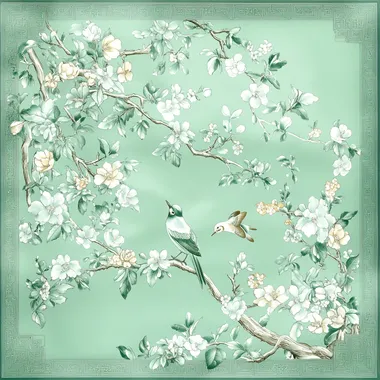 Hermes style silk scarf design, graphic design, Korean style, antique jade inlaid with floral and bird motifs