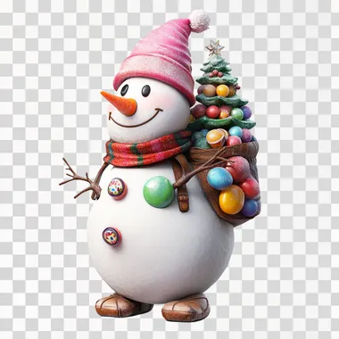 simple snowman with a back pack of tree candies, with a hat of sweets candy, christmas sweets decor, white background, scumbling