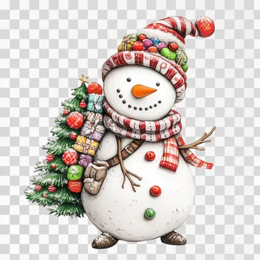 simple snowman with a back pack of tree candies, with a hat of sweets candy, christmas sweets decor, white background, scumbling