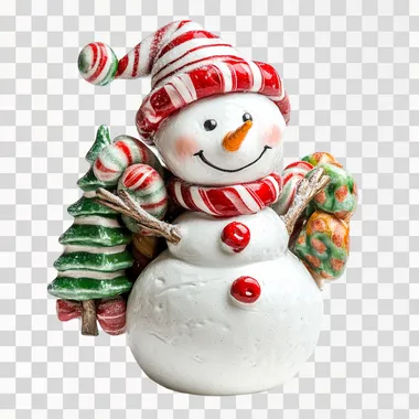 simple snowman with a back pack of tree candies, with a hat of sweets candy, christmas sweets decor, white background, scumbling
