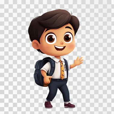 Little boy, illustration style, wearing school uniform and carrying a backpack, big bright eyes, smile, dimples, gesticulating with one hand, white background