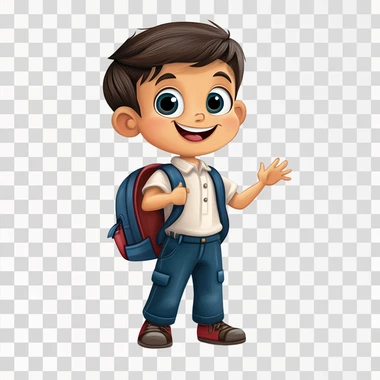 Little boy, illustration style, wearing school uniform and carrying a backpack, big bright eyes, smile, dimples, gesticulating with one hand, white background
