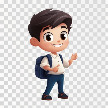 Little boy, illustration style, wearing school uniform and carrying a backpack, big bright eyes, smile, dimples, gesticulating with one hand, white background