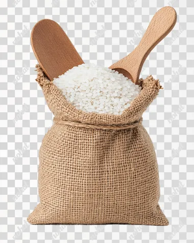 Rice in a jute sack with a wooden scoop, isolated on a transparent background, in a clipart style, PNG format.   rofile u5avr4l