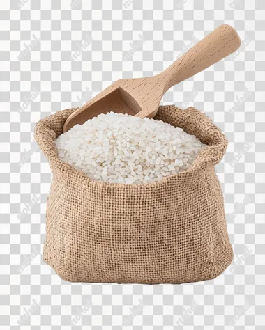Rice in a jute sack with a wooden scoop, isolated on a transparent background, in a clipart style, PNG format.   rofile u5avr4l