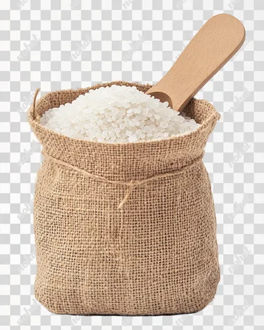 Rice in a jute sack with a wooden scoop, isolated on a transparent background, in a clipart style, PNG format.   rofile u5avr4l