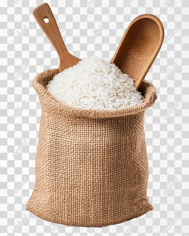 Rice in a jute sack with a wooden scoop, isolated on a transparent background, in a clipart style, PNG format.   rofile u5avr4l