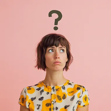 woman confused who has no idea with a question mark on her head with short hair no pony tail with no hand only her face