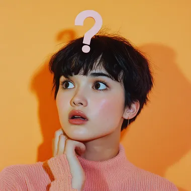 woman confused who has no idea with a question mark on her head with short hair no pony tail with no hand only her face