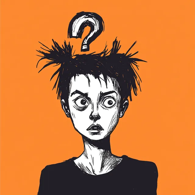 a drawing of a woman with a question mark above her head