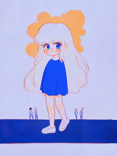 A girl with white hair and blue eyes, wearing white canvas shoes, is walking on a zebra crossing with a puzzled expression. There are two people behind her. The illustration is mainly light blue, light purple and yellow, with a white background. The style is inspired by the style of Katsuhiro Otomo.      --s 50