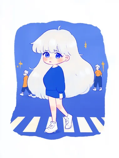 A girl with white hair and blue eyes, wearing white canvas shoes, is walking on a zebra crossing with a puzzled expression. There are two people behind her. The illustration is mainly light blue, light purple and yellow, with a white background. The style is inspired by the style of Katsuhiro Otomo.      --s 50
