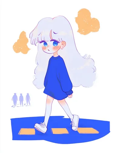 A girl with white hair and blue eyes, wearing white canvas shoes, is walking on a zebra crossing with a puzzled expression. There are two people behind her. The illustration is mainly light blue, light purple and yellow, with a white background. The style is inspired by the style of Katsuhiro Otomo.      --s 50