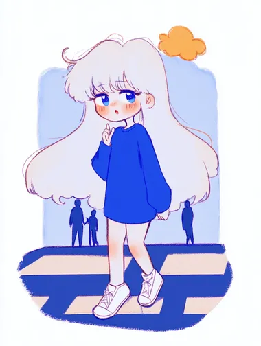 A girl with white hair and blue eyes, wearing white canvas shoes, is walking on a zebra crossing with a puzzled expression. There are two people behind her. The illustration is mainly light blue, light purple and yellow, with a white background. The style is inspired by the style of Katsuhiro Otomo.      --s 50