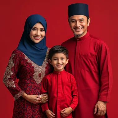 a gorgeous looking muslim family of a 29 year old mother wearing blue colour tudang on her head and 30 year old father wearing red cloth with a 14 year old boy, happy smiling expression, they are posed lively and joyful manner, full body crop, they are standing against a red background, this is a commercial photography setup, using studio lighting and a red color palette. The image was captured using a Sony A7R IV camera and a FE 85mm f/2.0 GM lens.