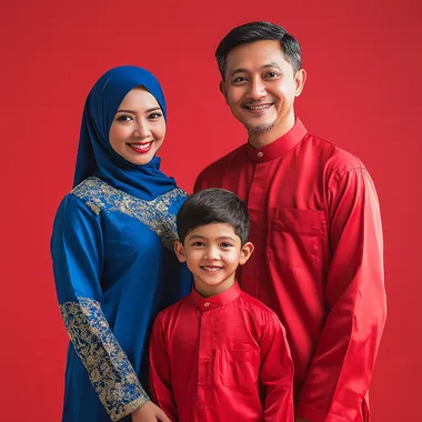 a gorgeous looking muslim family of a 29 year old mother wearing blue colour tudang on her head and 30 year old father wearing red cloth with a 14 year old boy, happy smiling expression, they are posed lively and joyful manner, full body crop, they are standing against a red background, this is a commercial photography setup, using studio lighting and a red color palette. The image was captured using a Sony A7R IV camera and a FE 85mm f/2.0 GM lens.