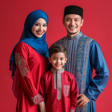 a gorgeous looking muslim family of a 29 year old mother wearing blue colour tudang on her head and 30 year old father wearing red cloth with a 14 year old boy, happy smiling expression, they are posed lively and joyful manner, full body crop, they are standing against a red background, this is a commercial photography setup, using studio lighting and a red color palette. The image was captured using a Sony A7R IV camera and a FE 85mm f/2.0 GM lens.