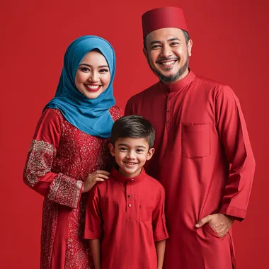 a gorgeous looking muslim family of a 29 year old mother wearing blue colour tudang on her head and 30 year old father wearing red cloth with a 14 year old boy, happy smiling expression, they are posed lively and joyful manner, full body crop, they are standing against a red background, this is a commercial photography setup, using studio lighting and a red color palette. The image was captured using a Sony A7R IV camera and a FE 85mm f/2.0 GM lens.