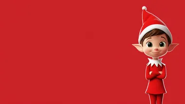 elf on a shelf cartoon style, cute, christmas themed, off-center to the right, red background with a lot of negative space