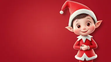 elf on a shelf cartoon style, cute, christmas themed, off-center to the right, red background with a lot of negative space